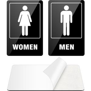 (2 PACK) Restroom Sign, Self-adhesive Restroom Signs for Business, Aluminum Restroom Sign for Home, Bathroom Metal Signs for Door and Wall, Rust free for Indoor Outdoor Use (9" x 6", Black Women and Men)