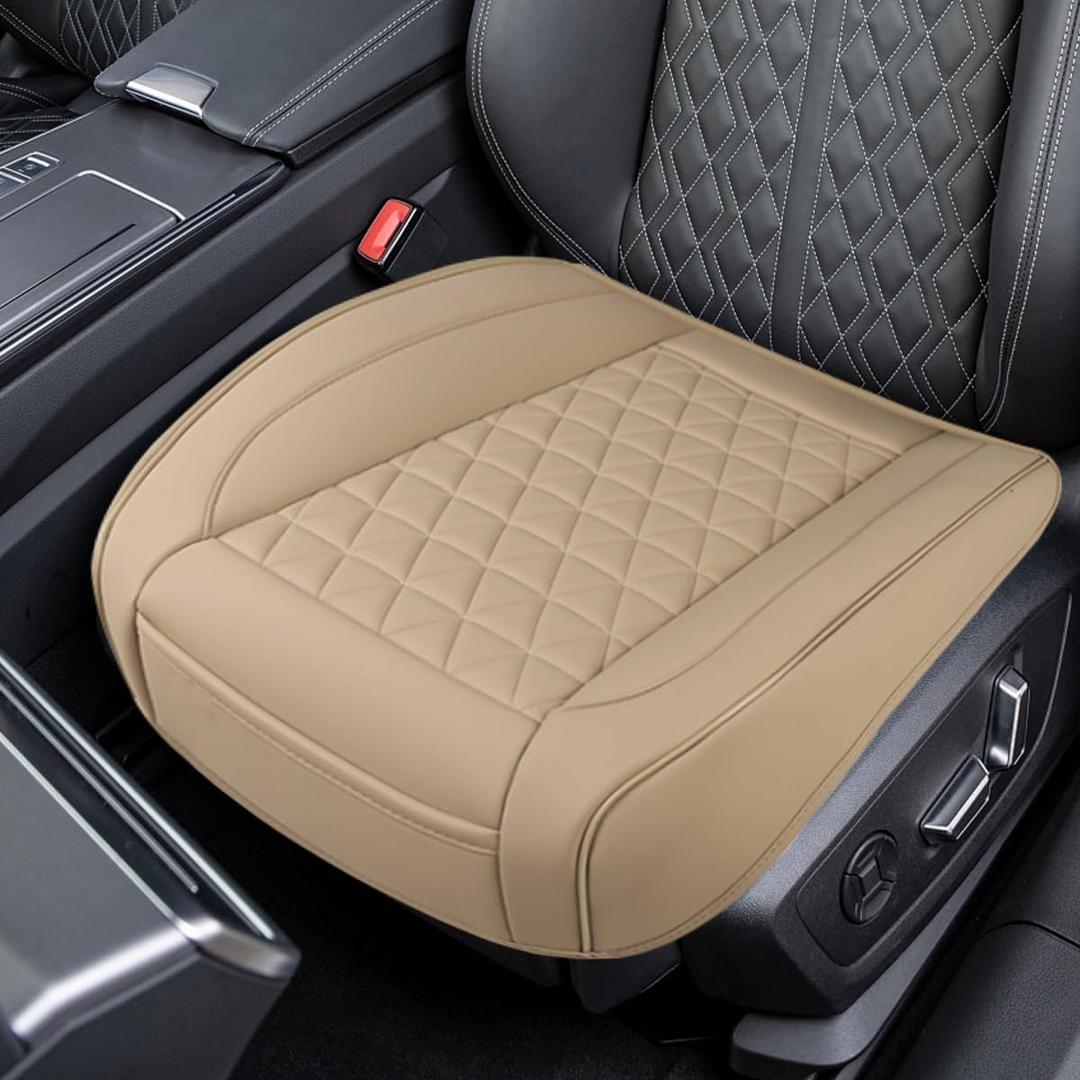 UHANBUT Luxury Faux Leather Car Seat Cover, Anti-Slip Waterproof Universal Front Bottom Seat Protector with Storage Pocket, Triangular Pattern Vehicle Seats Cushion for Sedans, SUVs, Trucks (Beige)