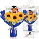 Giegxin Graduation Bear Flower Bouquet Set Graduation Bouquet Gift Graduation Bear Artificial Sunflower Rose Bouquet Greeting Card Gift Bag for Her Him Grad Party Gifts Favors Supplies(Blue)