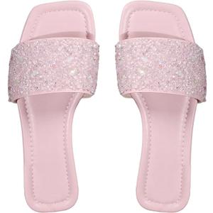 GORGLITTER Women's Sparkly Rhinestone Flat Sandals Dressy Cute Boho Trendy Square Toe Wedding Summer Slides Shoes Pink Size 9.5