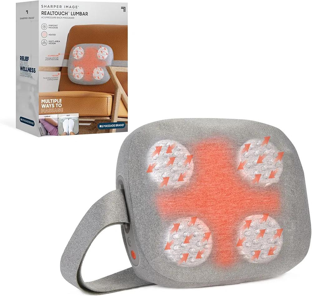 Sharper Image® RealTouch™ Lumbar Acupressure Back Massager, Soothing Heat for Relaxation, Targeted Micro Nodes, Multi-Area Design, Adjustable Strap, Ergonomic Design for Back Support, Legs, & Feet