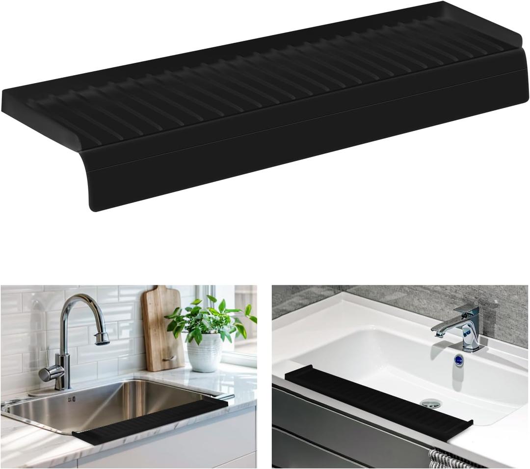 Sink Edge Protector with Suction Cup, 30" x 4", Silicone Sink Splash Guard for Kitchen & Bathroom, Protect Countertop from Scratches, Stains, for Stainless Steel Granite Quartz (Black)