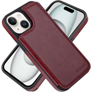 MONASAY Flip Wallet Case Compatible for iPhone 15 5G, [Glass Screen Protector Included] [RFID Blocking] Leather Cell Phone Cover with Credit Card Holder and Magnetic Clasp, Burgundy