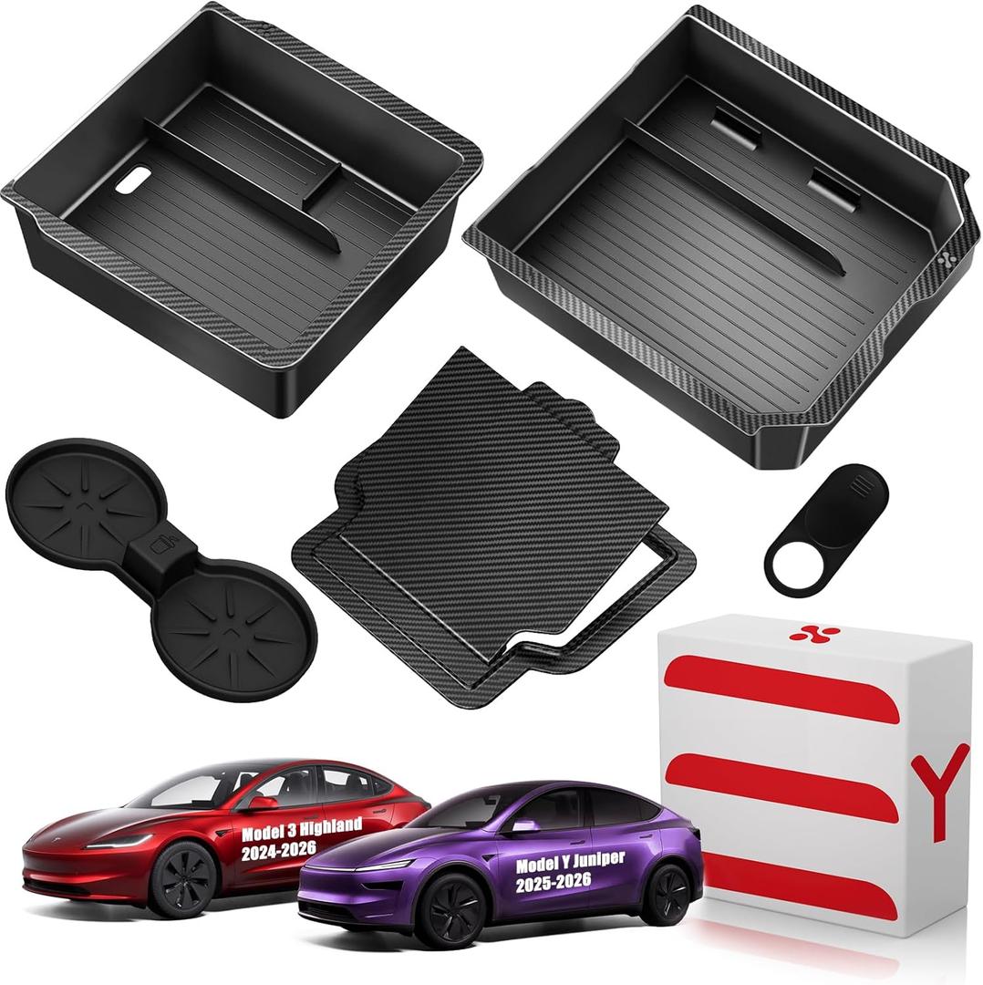 Tesla Model Y Juniper 2025 2026 & Model 3 Highland 2024 2026 Center Console Organizer Tray [Slide Smoothly + Easy Installation] Cup Holder for Tesla Model Y Juniper Accessories (Black)
