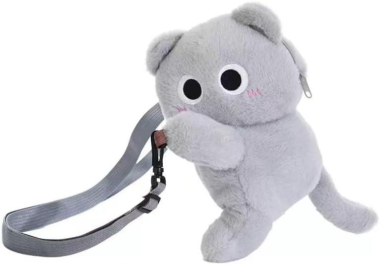 Adorable Cat Plush Shoulder Bag - Kawaii Animal Shape Crossbody Bag, Novelty Purse Wallet Messenger Bag for Womens (Gray)