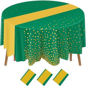 Newwiee 3 Pcs 84 Inch Polka Dot Round Disposable Tablecloths Plastic Table Cover Plastic Table Cloth with Runner Printed for 2025 Graduation Birthday Party Wedding Prom (Green,Gold)