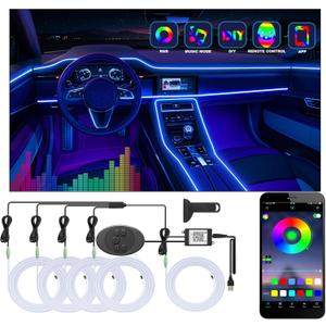5 in 1 Car Led Strip Lights with App Control, RGB Colors Interior Car Lights, Ambient Led Lighting Kit, 4 Light Flashing Modes, USB Neon Accessories for Doors, Center Console
