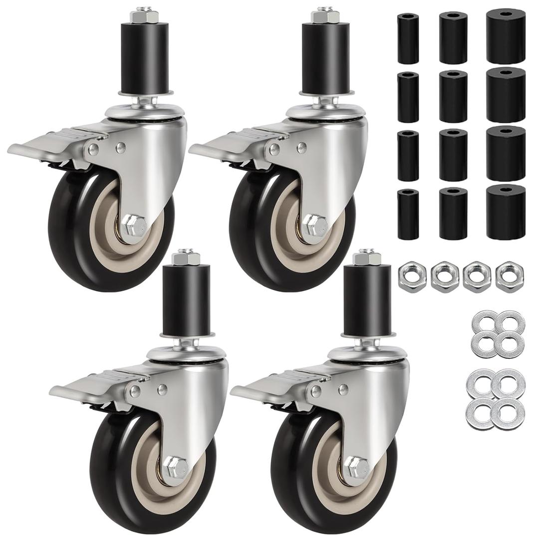 4-Inch Heavy-Duty Expanding Stem Casters with Brake - Prep Table Casters Set of 4, Fit 7/8" to 1-5/8" ID Tube Pipe Legs for Stainless Steel Table, Equipment Stand, Carts, Shelving Racks