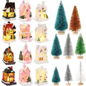 Kasyat 36 Pcs Christmas Village Houses Figurines Decoration Set 12 White Pink Lighted LED Christmas Village Houses with 24 Mini Xmas Trees 6 Color for Xmas Town Colorful Scene Desk Decor