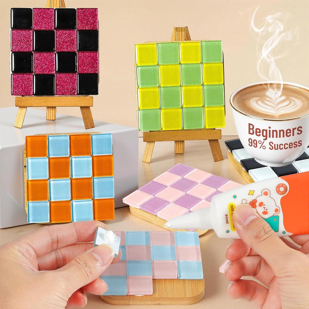 ZAIONE Mosaic Coaster Craft Kit: 6 Sets Easy DIY for Art Beginner Square Checkered Glass Tiles No Grout Needed - Craft Party Home Decor Gift