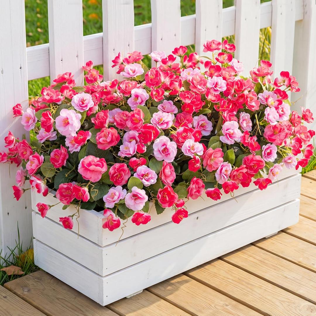 Artificial Flowers for Outdoors, 6 Bundles Silk Fake Hibiscus Flowers for Spring Summer Decoration, UV Resistant Fake Plants Plastic Bouquet for Home Planter Porch Patio Yard Decor (Double Pink)