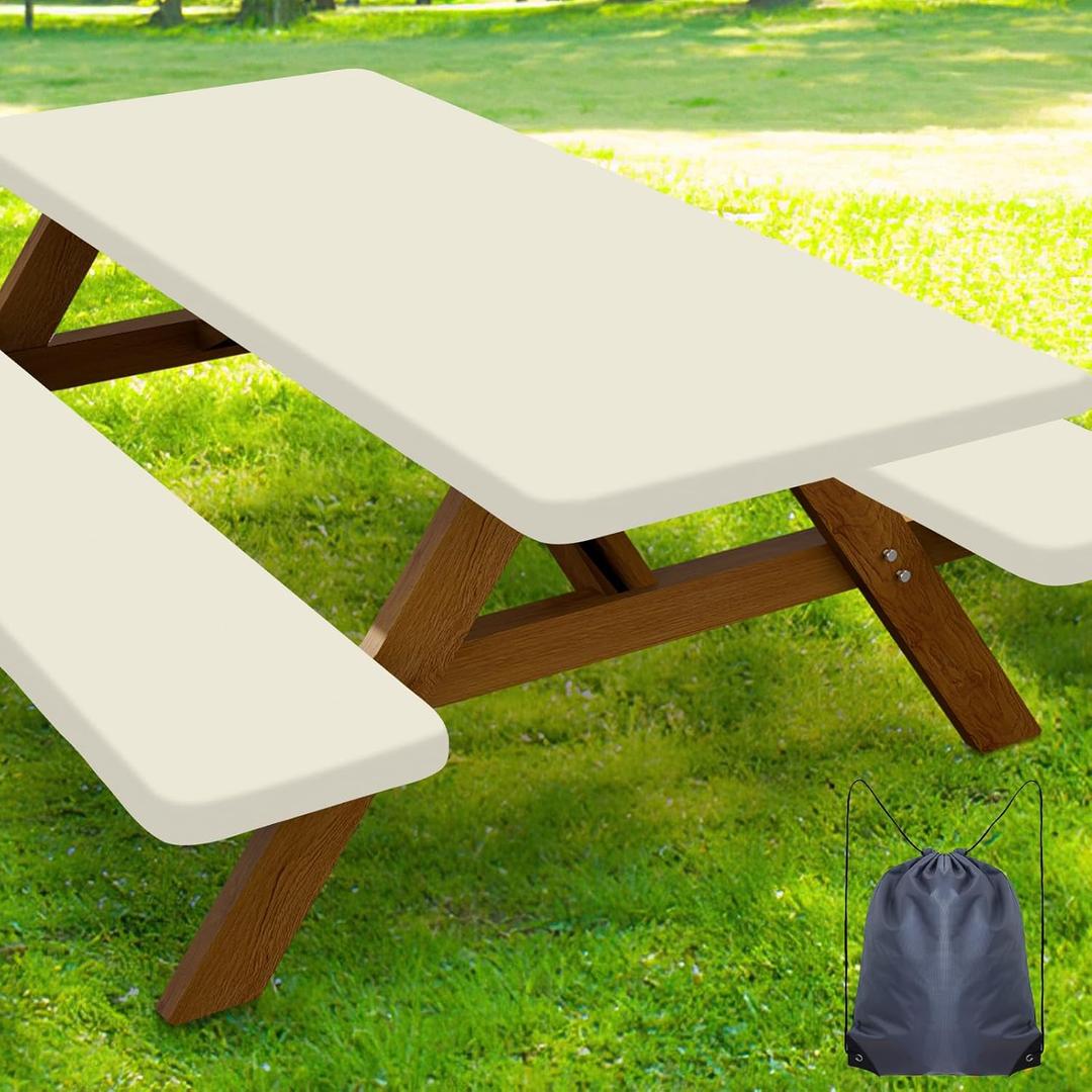Smiry Picnic Table Cover with Bench Covers, Waterproof Elastic Fitted Polyester Tablecloths for 5 Ft Rectangle Tables, Washable Windproof Tablecloth for Camping, RV & Outdoor (Beige, 30x60 Inches)