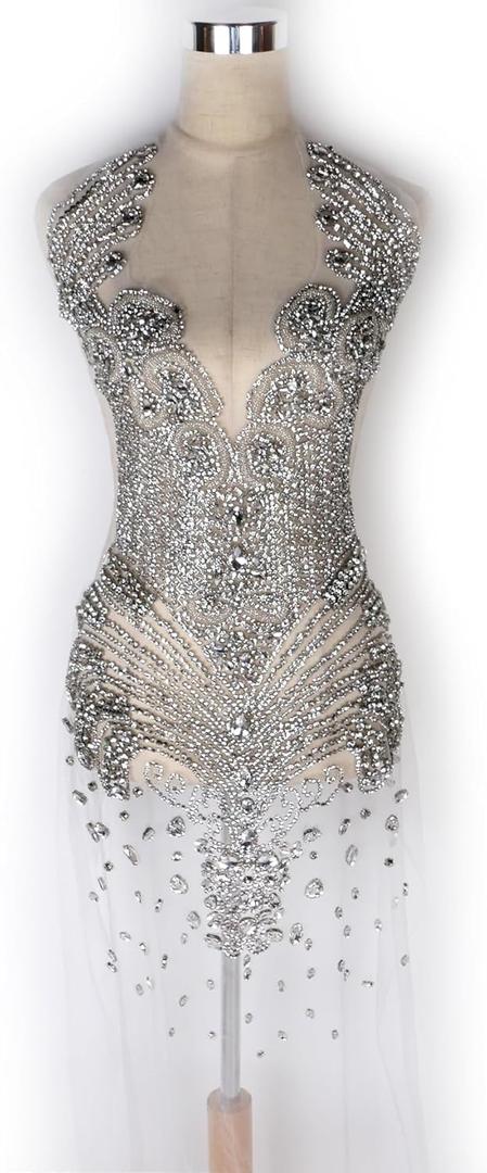 Labellezalay Full Front and Back Bodice Rhinestone Applique Patch,New Large Size 33.4" * 15.7" Decorate Appliques, Gold Silver Rose Gold Shine DIY Dress Applique Patch by Piece (YM2101-1Silver)