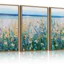 Blue Seaside Cyan Floral Wall Decor Wildflower Canvas Painting Framed Floral Prints Decor for Living Room Bedroom 16x24 Inch Set of 3