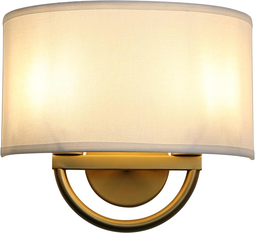 Industrial 2-Lights Wall Sconce Fixture with White Fabric Shade, Double Arm Wall Light Lamps Decor for Hallway Bedroom Living Room Bathroom Stairway (Antique)