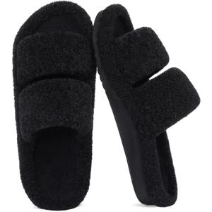 Litfun Women's Fuzzy House Slippers with Moderate Arch Support Open Toe Cozy Bedroom Shoes Indoor