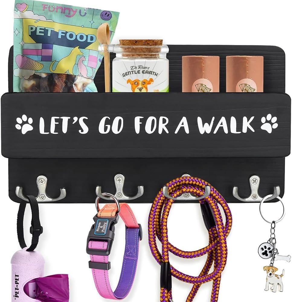 Wood Dog Leash Holder for Wall, Key Hangers with 4 Double Key Hooks, Dog Leash Hanger Wall Mounted for Entryway, Farmhouse Treats,30cm, Black