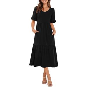 Womens Casual Summer Dress Casual Ruffle Short Sleeve V Neck A Line Flowy Tiered Beach Maxi Dresses with Pockets XX-Large