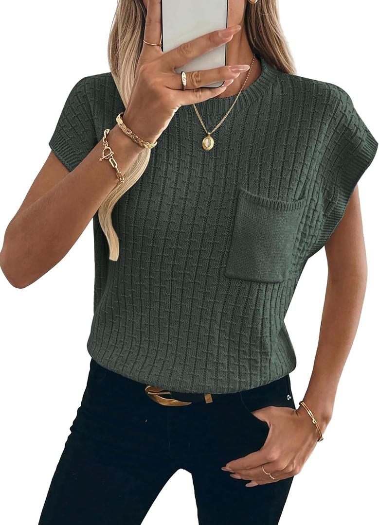 Womens Short Sleeve Sweaters Summer Cap Sleeve Tops Casual Crewneck Oversized Lightweight Knit Sweater Vest (X-Large, Army Green)