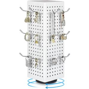 White Rotating Pegboard Display Stand Pegboard Spinner Organizer(NO HOOKS), 4 x 4 x 12 Inches Four Sided Retail Display Racks Revolving Metal Display Turntable for Jewelry, Accessories, Crafts