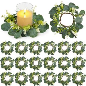 20 PCS Eucalyptus Candle Rings Wreaths - Artificial Greenery Wreath Green Leaves Pillar Candle Holder for Tabletop Wall Farmhouse Wedding Table Centerpieces Kitchen Home Decor