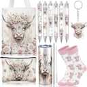 6 Pcs Highland Cow Gift Set for Women Pink Highland Cows Stuff with 20 oz Tumbler Canvas Tote Makeup Bag Keychain Pens for Girls Animal Lovers