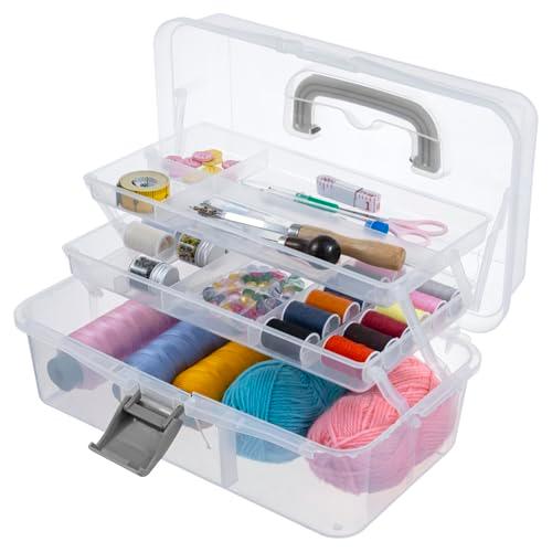 MyGift 13 Inch Transparent Plastic Empty Multipurpose Storage Box with Gray Handle, Latching Lid and 2 Expandable Trays for Tools, First Aid, Sewing Kit, Arts Crafts Supplies