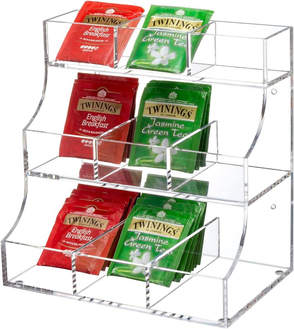 MyGift 3 Tier Premium Clear Acrylic Modern Tea Bag Organizer Holder for Countertops, Wall Mountable Teabag Storage Rack for Kitchen, Coffee Station