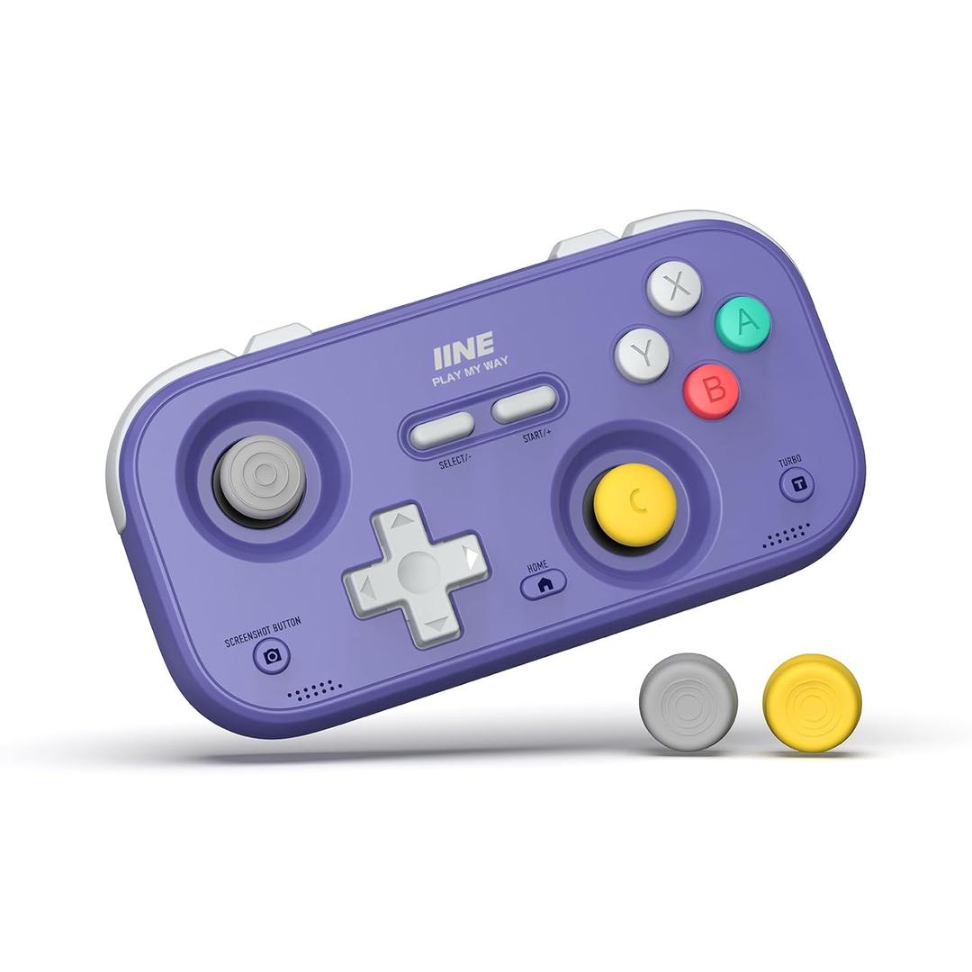 IINE Retro Pocket Game Controller with Hall Effect Joysticks, Switch 1 & 2 Compatible, Wireless Gamepad for Steam Deck, PC, Android, iOS, Customizable D-Pad, Vibration & Motion Control (Purple)