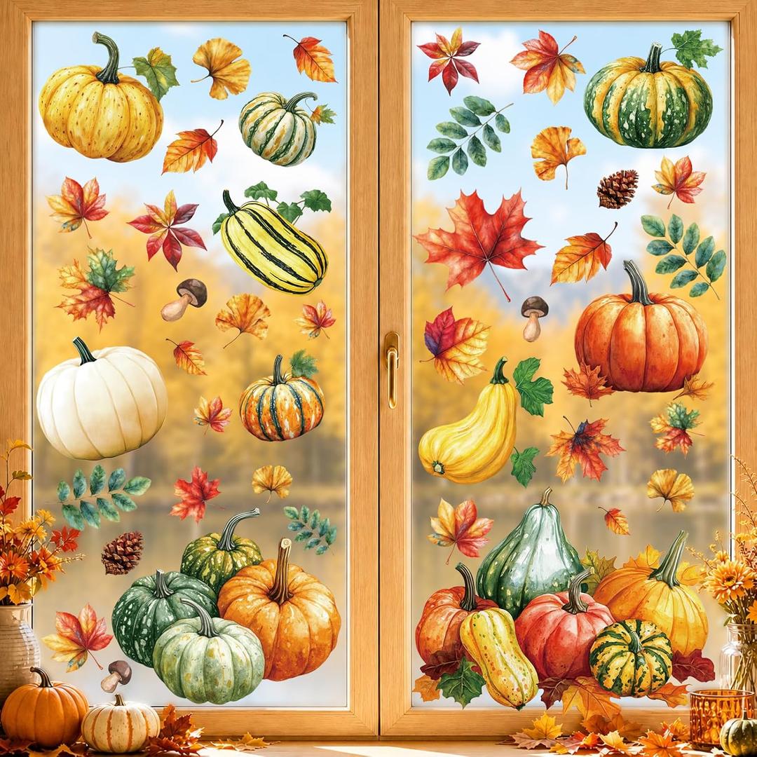 4 x 8 Sheets Fall Pumpkin Window Clings, Autumn Window Stickers Decorations, Large