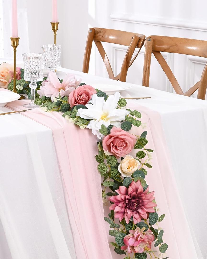 Waipfaru Flower Garland Decorations, 6.07Ft Pink Floral Rose Garland, Artificial Eucalyptus Greenery Vines with Flowers for Wedding Table Runner Centerpieces Backdrop Room Decor (Pink) (1 Pack)