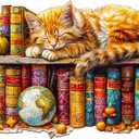 Wooden Puzzles for Adults, Dreamy Tabby Cat Wooden Jigsaw Puzzles for Adults, Library Kitten Wood Puzzles Adult, Unique Animal Shape, Gifts for Cat Lovers & Friends, Home Decor (L-13.4 * 8.5in-235pcs)