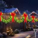 2 Pcs 9ft Total 18ft Christmas Fence Decorations with Solar Light Christmas Outdoor Garland with 4 Pcs Large Red Bows Cable Ties for Holiday Patio Outdoor Fence Eaves