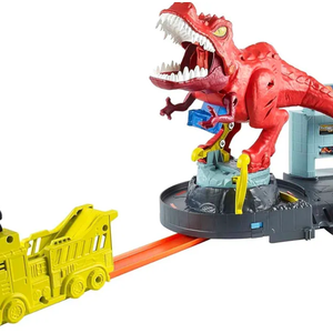 Hot Wheels Toy Car Track Set, T-Rex Rampage Playset & 1:64 Scale Vehicle, Launch into the Giant Dinosaur