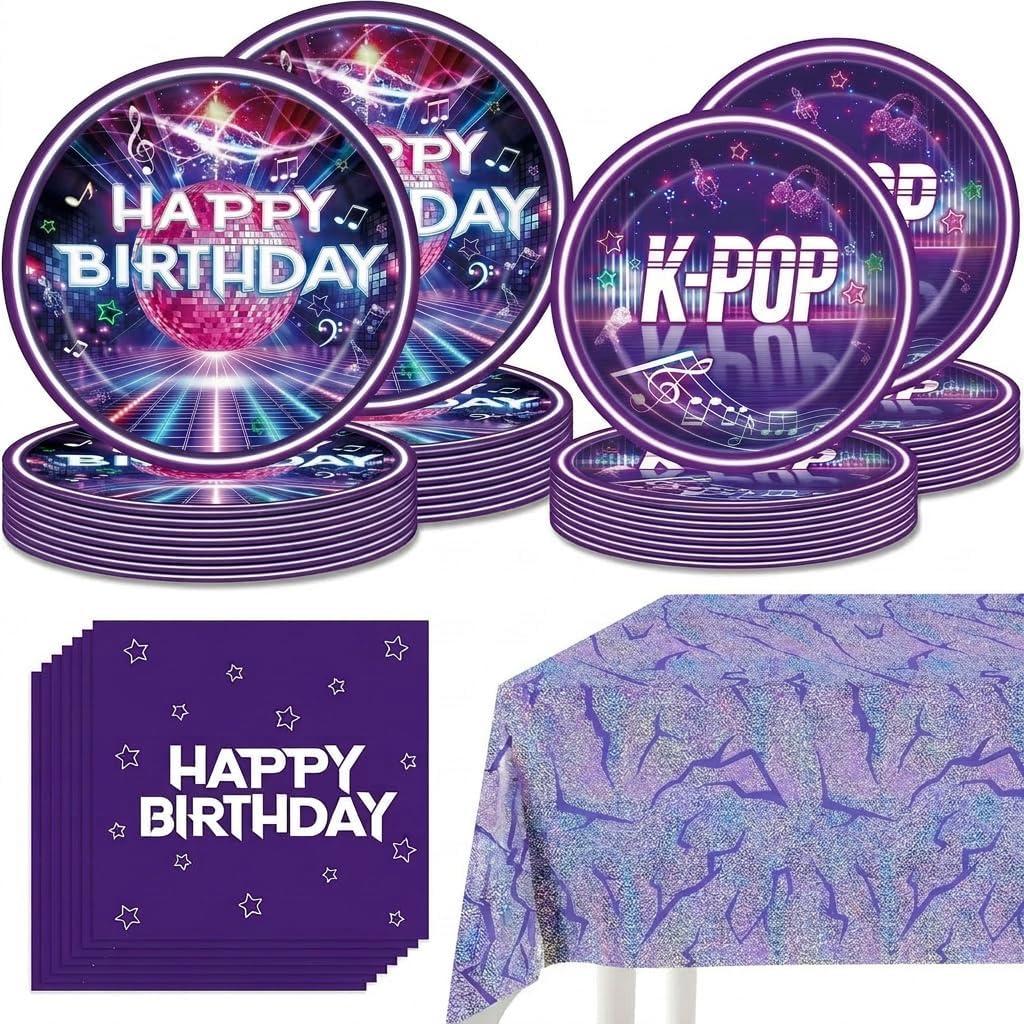 Kpop Birthday Party Decorations Set, Includes 10 x 9" Dinner Plates, 10 x 7" Dessert Plates, 20 Napkins, and 1 Tablecloth (52"x86") - Music Theme Party Supplies for Fans