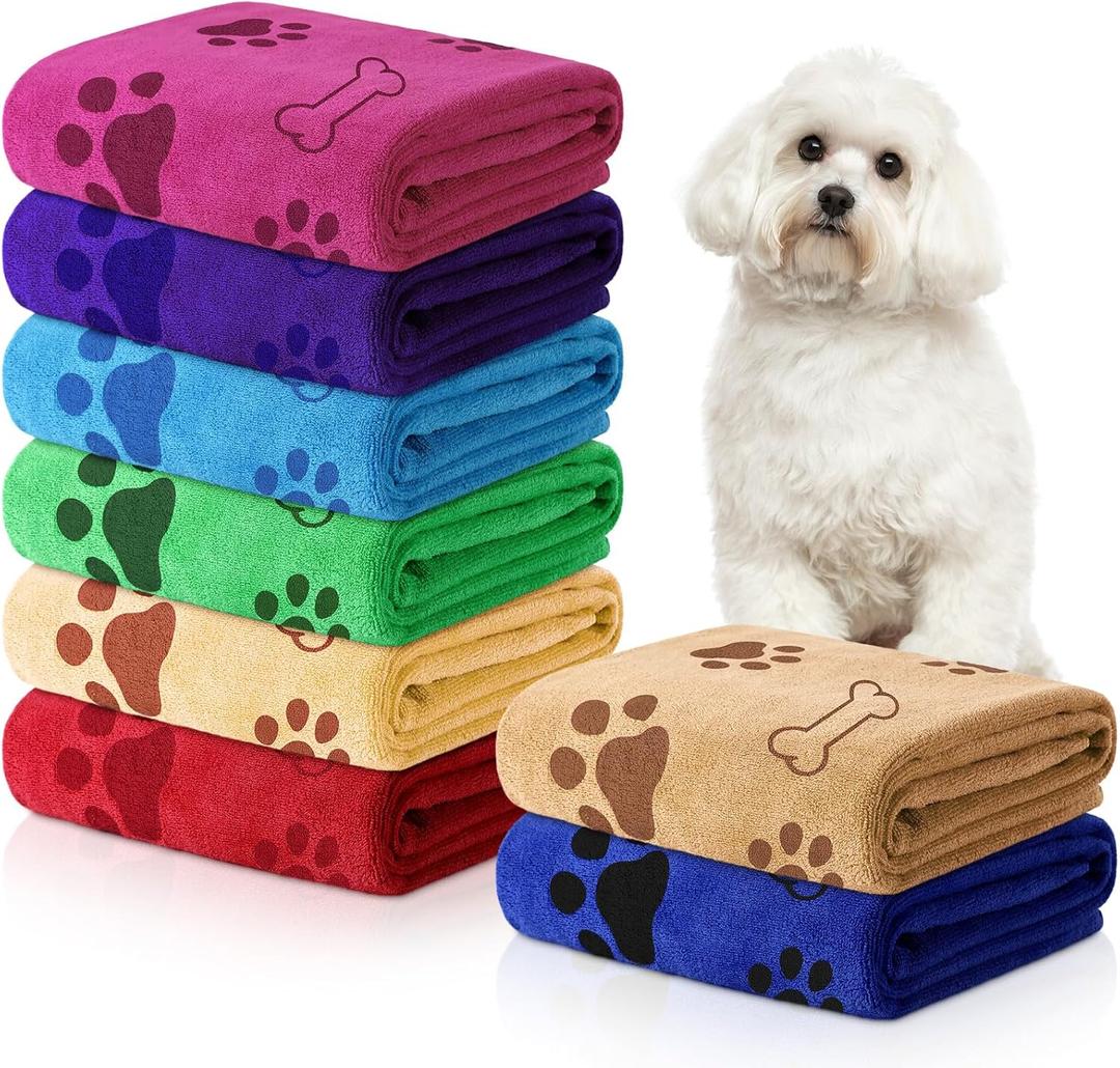 Chumia 8 Pcs Dog Towels for Drying Dogs Cats Pet Towels Bulk Puppy Microfiber Fast Drying Paw Bath Bathing Supplies Absorbent for Medium Pets(40 x 24 Inch,Dog Paw and Bone,Bright Color)