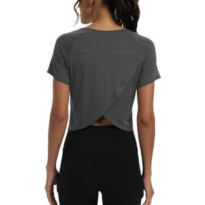 Mippo Workout Tops for Women Cropped Split Back Athletic Gym Exercise Shirts Loose Fit (Medium, Dark Gray)