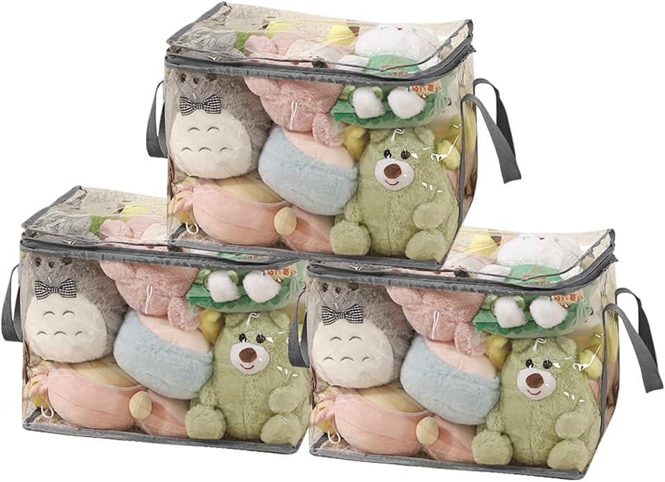 3 Packs Plush Toy Storage Organizer, Clear PVC Toy Storage Bags with Zipper & Handles for Board Games, Puzzles, Building Blocks, Books