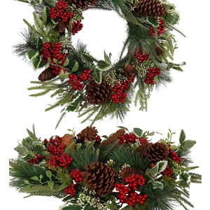 Zhemobang 20 Inch Christmas Wreath for Front Door, Artificial Christmas Door Wreath with Pine Needle Holly Pine Cone Red Berry, Winter Snowy Xmas Wreath for Indoor Outdoor Wall Farmhouse Home Décor
