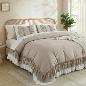 Herside Taupe Ruffle Comforter Set King Size, Shabby Chic Boho Bedding Sets, Soft Fluffy Comforters Sets for All Season, Vintage Ruffled 3 Pcs Microfiber Lightweight Quilt Set for Women Girls