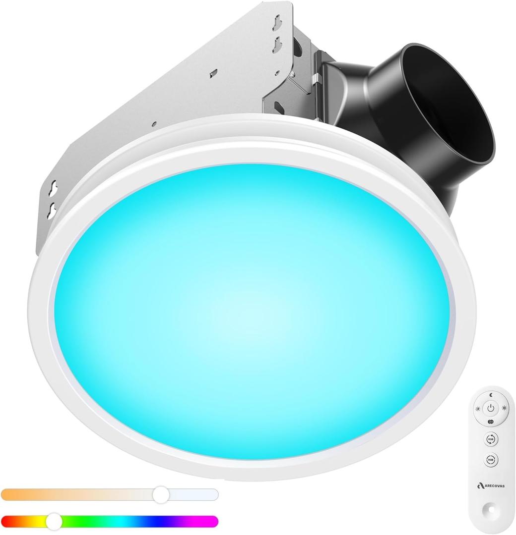 Bathroom Exhaust Fan with RGB Lights, 110CFM/1.0 Sones Vent Fan with 3 Color Temperatures, 5 Adjustable Brightness, Easy to Install, Remote Control, Quiet Ventilation Fan for Bath, Shower, Attic