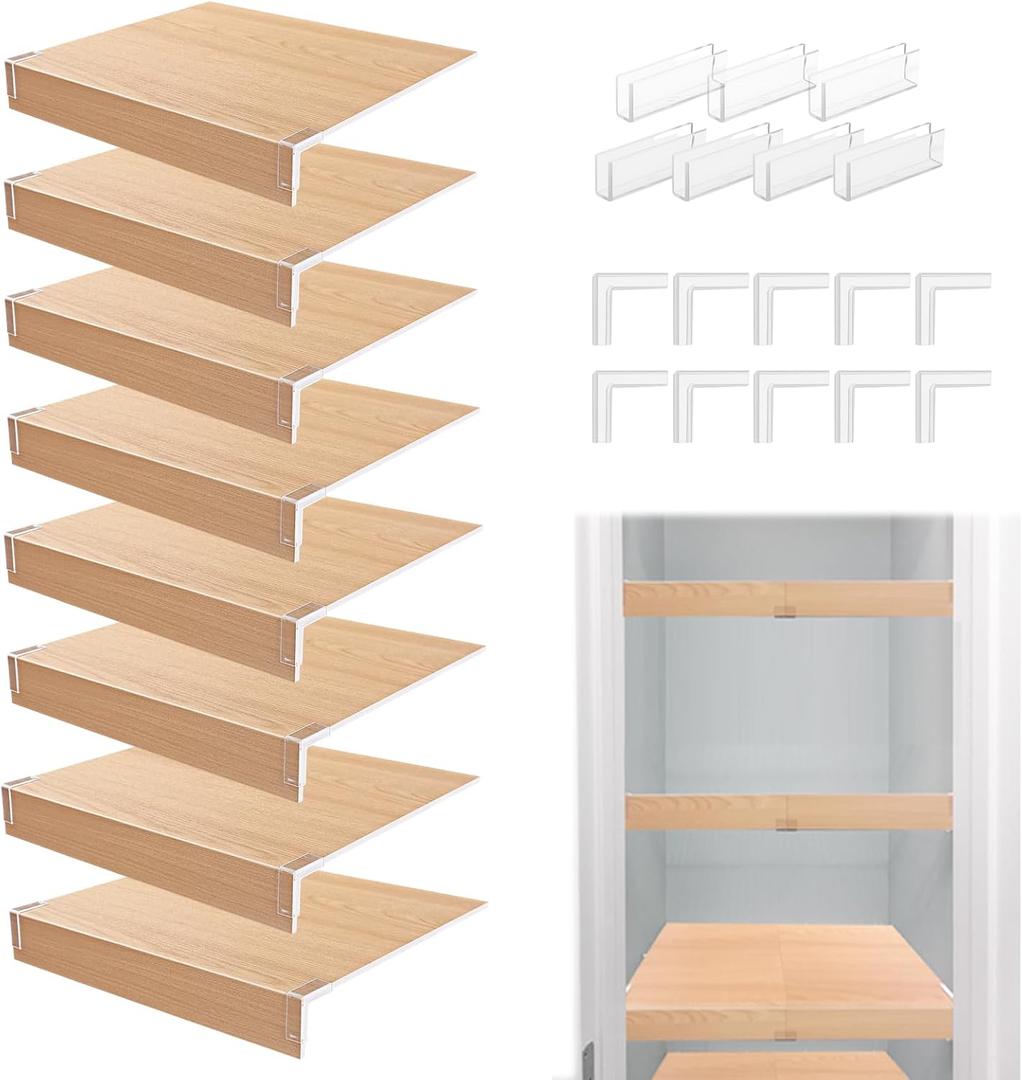 CroBlissful 8 Pcs Wire Shelf Covers 14x12 Inch Faux Wood PVC Shelf Liners Thick Rigid Wire Rack Covers with 7 Holders Adjustable for Closet Pantry Bathroom Mat Removable Interlocking Waterproof
