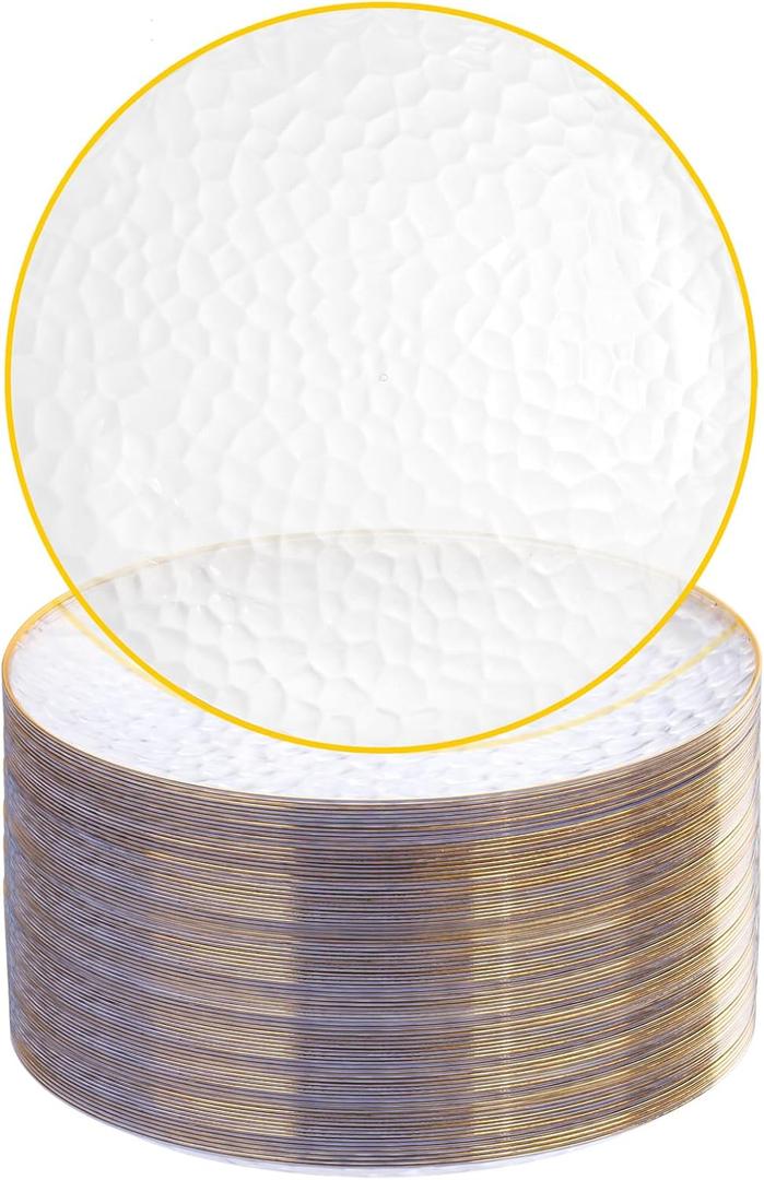 Rubtlamp 100 Pcs Clear Gold Plastic Plates, Hammered Party Plates, Clear Disposable Dessert Platos,Clear Gold Platos 7 Inch, Heavy duty Gold Plastic Dessert Platos Disposable For All Occasions