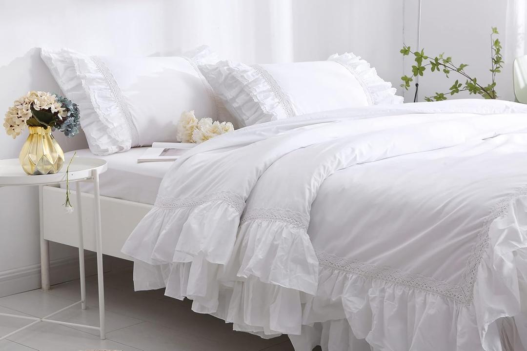 White Twin Duvet Cover with Ruffles and Lace Quilt Cover Egypt Cotton 68x90 Inch 1 Pieces Solid (Not Include Pillowcases and Insert)