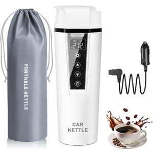 Car Electric Kettle: 12V/24V Portable Water Boiler Heated Travel Mug,Multiple Temperature Adjustable Coffee Tea Truck Cup with 304 Stainless Steel Dry Burn Protection & Handy Cup Bag (White)