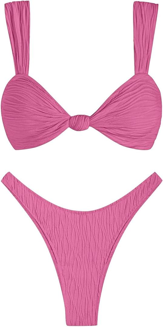 ZAFUL 2025 Cheeky Bikini Sets for Women High Cut Swimsuit Textured Ribbed Bikini Thong Bathing Suit (Pink, S)