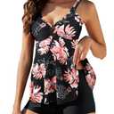 SEAFORM Women's Tankini Swimsuits Two-Piece Tummy Control Bathing Suits V-Neck Printing Swim Dress for Women with Boyshorts, Size L