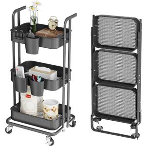 DTK 3 Tier Foldable Rolling Cart, Metal Utility Cart with Lockable Wheels, Folding Storage Trolley, 3 Small Baskets and 6 Hooks for Living Room, Kitchen, Bathroom, Bedroom and Office, Black