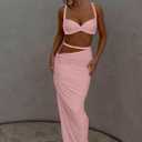 Women's Two Piece Skirt Sets Summer Beach Sexy Ruched Backless Cami Top And Cut Out Skirt Night Out Dress (Pink)