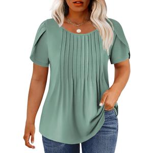 Womens-Plus-Size-Summer-Tops Trendy Petal Short Sleeve T Shirts Casual Crewneck Cute Flowy Pleated Blouses Tunics Tee (XXL)